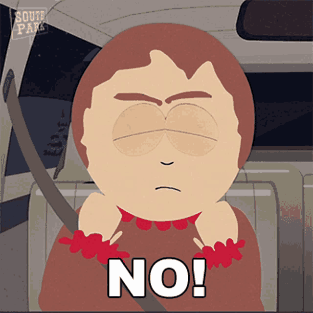 a cartoon character from south park is sitting in the back seat of a car saying no