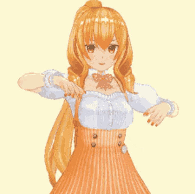 a girl with long blonde hair is wearing a white top and orange overalls