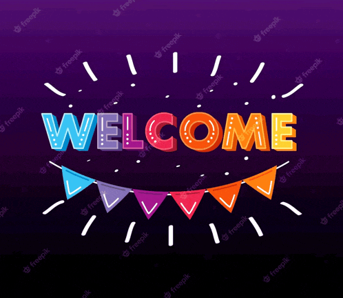 the word welcome is surrounded by flags on a purple background