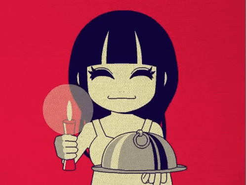 a cartoon of a girl holding a candle and a cloche