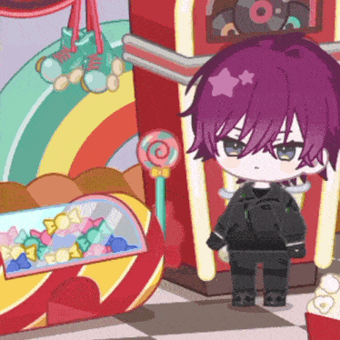 a cartoon character with purple hair is standing next to a candy machine