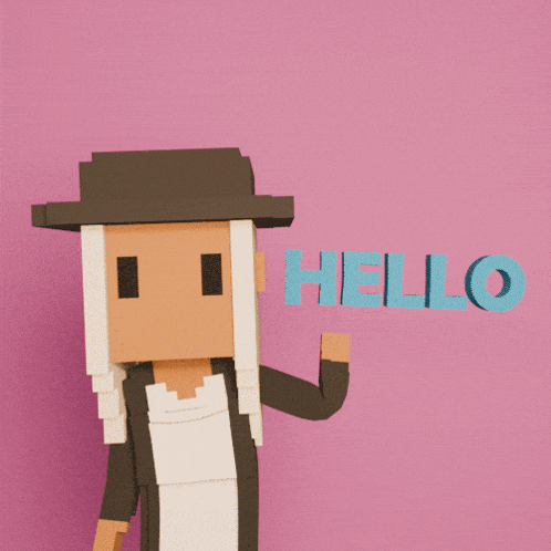 a cartoon character with a hat and long white hair says hello