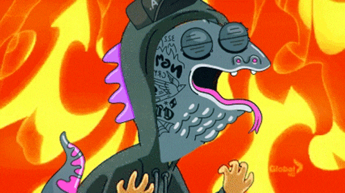 a cartoon drawing of a dinosaur with a hoodie that says a on it