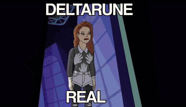 a cartoon of a man in a tuxedo dancing with the words deltarune real written above him