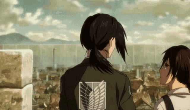two anime characters are standing next to each other and looking at a city .