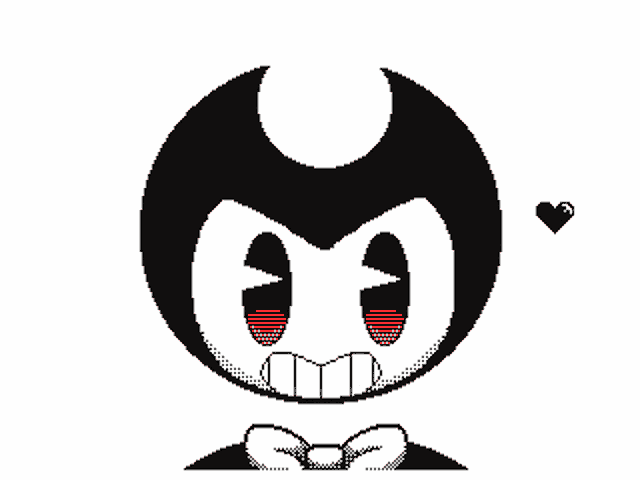 a black and white drawing of bendy with a broken heart in the background
