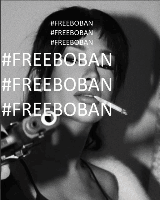 a black and white photo of a woman smoking a cigarette with the hashtags #freeboban #freeboban and #freeboban
