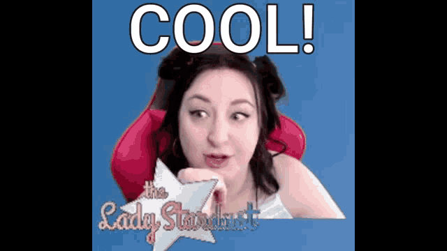 a woman is sitting in a red chair with the words cool on the screen behind her