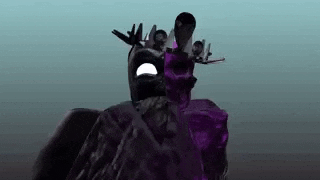 a 3d rendering of a purple monster with a crown on his head .