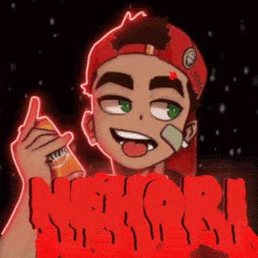 a cartoon of a boy holding a bottle of orange juice and the word netori in red letters