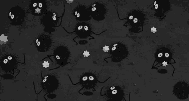 a black and white drawing of a bunch of cartoon characters with stars