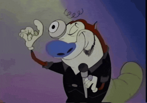 a cartoon character is singing into a microphone while wearing a black jacket