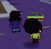 a video game character named kris is standing next to another character in a purple background