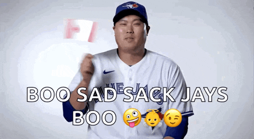 a man in a blue jays jersey says boo sad sack jays