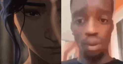 a close up of a woman 's face next to a man 's face .