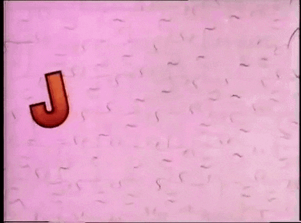 the word jigsaw is on a pink background with puzzle pieces in the foreground .