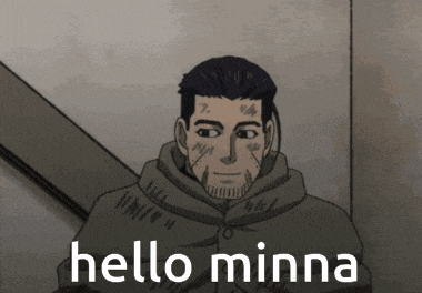 a cartoon character says hello minna in front of a wall