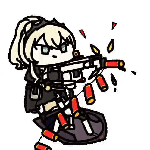 a cartoon of a girl holding a gun surrounded by shotgun shells .