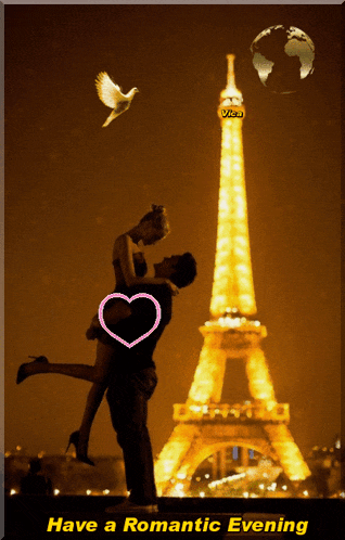 a couple kissing in front of the eiffel tower with the words have a romantic evening below them