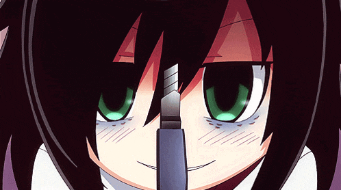 a close up of a cartoon character with green eyes