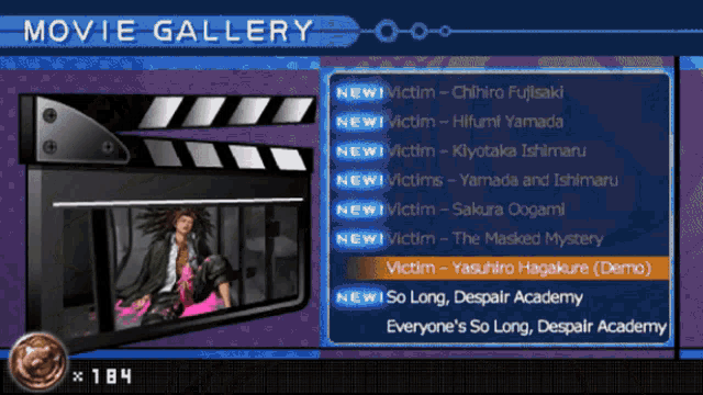 a video game screen shows a movie gallery with a clapper board