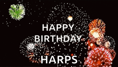 a happy birthday harps greeting card with fireworks in the background .
