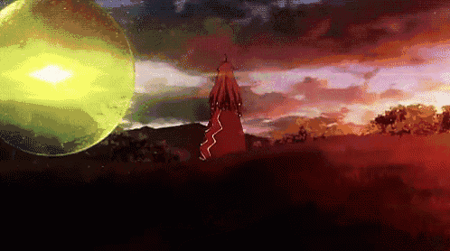 a pixelated image of a person standing in a field with a green sphere in the background