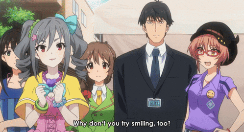 a group of anime characters standing next to each other with one saying why don t you try smiling too