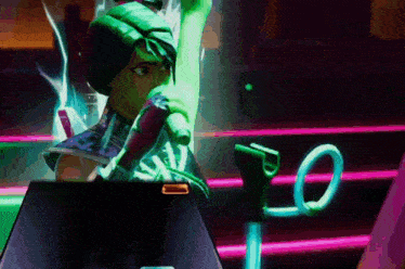 a cartoon character is singing into a microphone in front of a sign that says lo