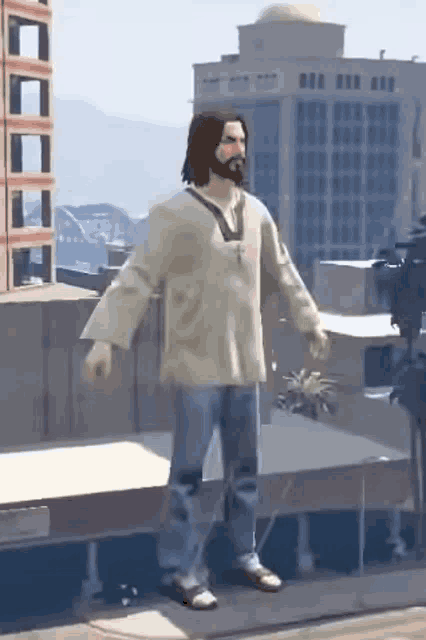 a man with a beard is standing on a rooftop in a video game .