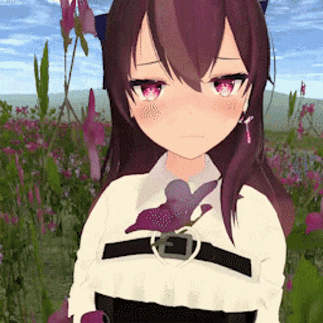a girl with purple hair and red eyes is standing in a field of pink flowers