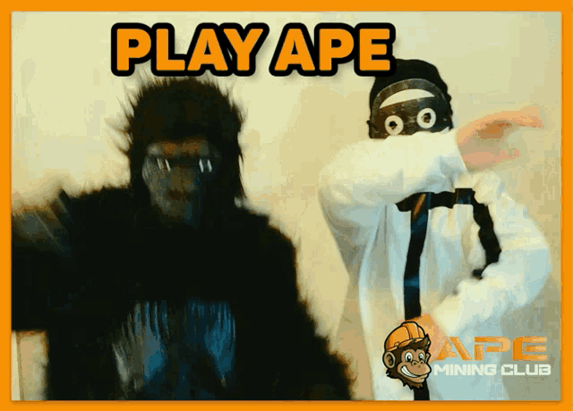 an advertisement for the ape mining club shows a man and a gorilla