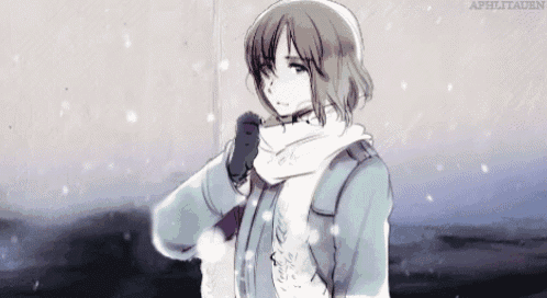 a drawing of a girl wearing a scarf and gloves in the snow