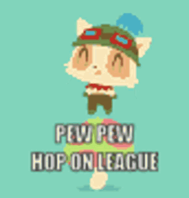 a pixel art of a cat with the words pew pew hop on league above it