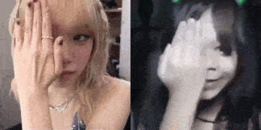 a woman with blonde hair is covering her face with her hands and a black and white photo of a woman covering her face with her hands .