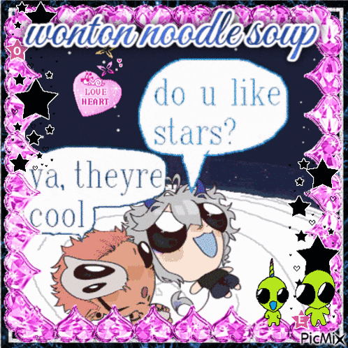 a picture of cartoon characters with a speech bubble that says " do u like stars "