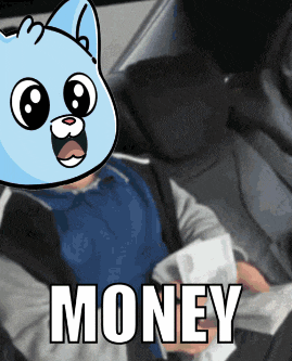 a cartoon cat is holding a stack of money in front of a person