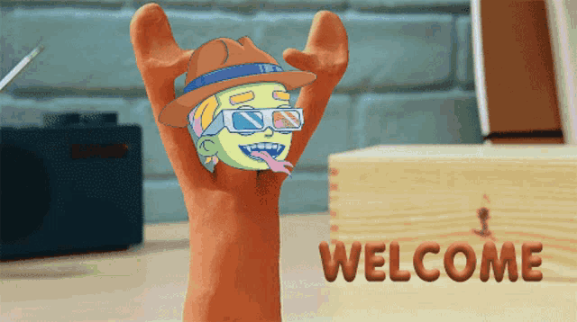 a cartoon character wearing a hat and 3d glasses is standing in front of a box that says welcome