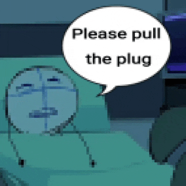 a pixel art of a person laying in a hospital bed with a speech bubble that says please pull the plug