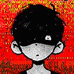 a pixel art drawing of a boy with black hair and a red background .