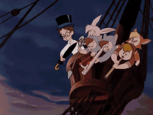 a group of cartoon pirates are holding swords while hanging from ropes