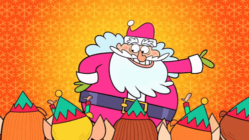 a cartoon of santa claus surrounded by elves wearing party hats