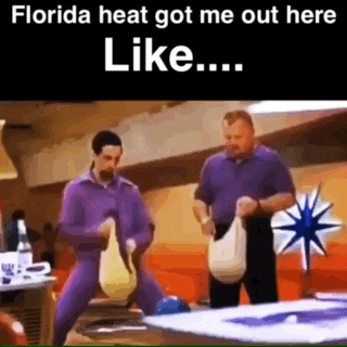 two men are standing next to each other in a bowling alley with the caption florida heat got me out here like ...
