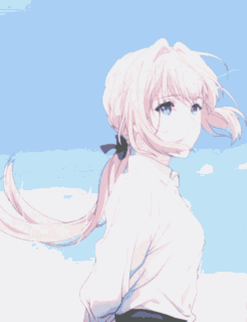 a blonde anime girl with a ponytail and blue eyes