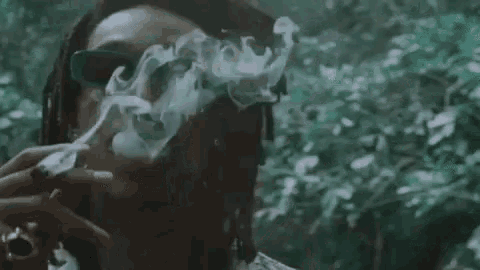 a man with dreadlocks is smoking a marijuana joint in the woods .