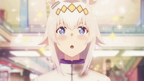 a girl with white hair and blue eyes has a surprised expression on her face