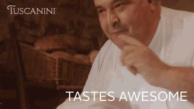 an advertisement for tuscanini shows a man pointing