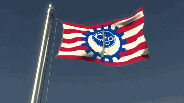 a red white and blue flag with a gear in the center
