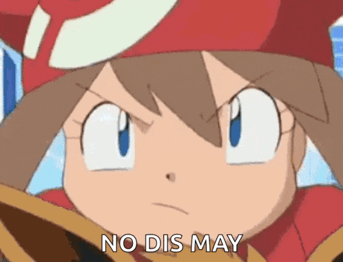a close up of a cartoon character with the words `` no dis may '' written on her face .