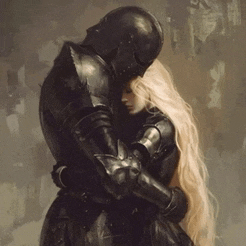 a painting of a man in armor hugging a woman with long blonde hair .